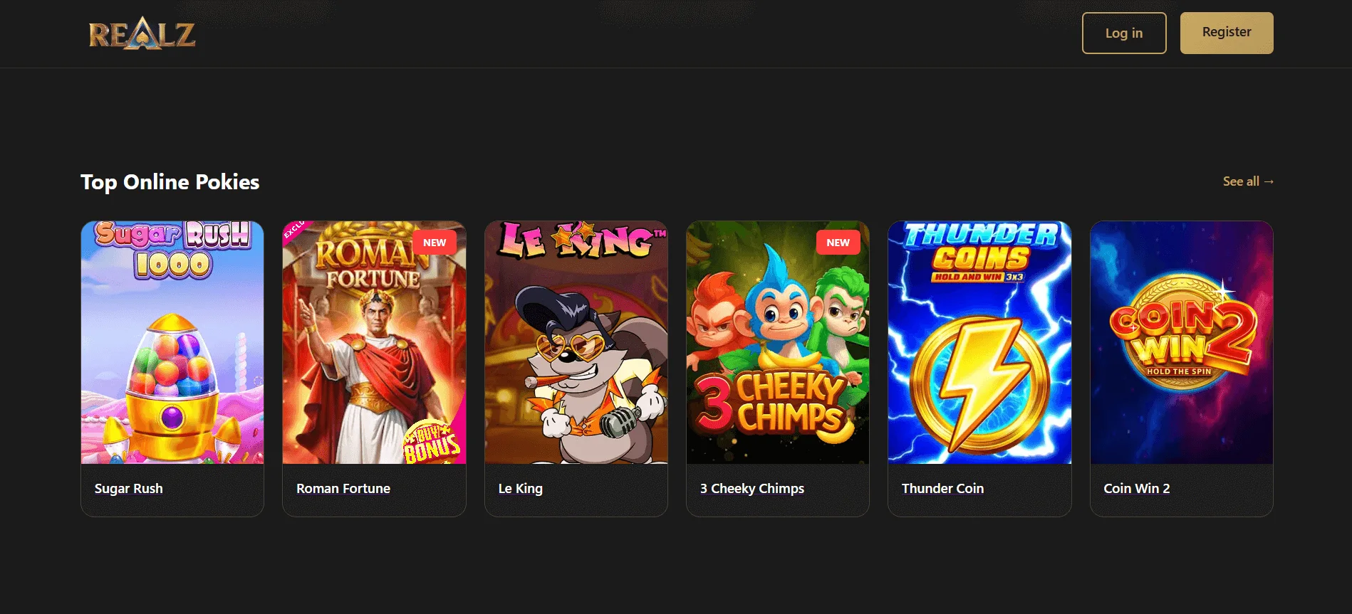 Realz Casino homepage with top online pokies